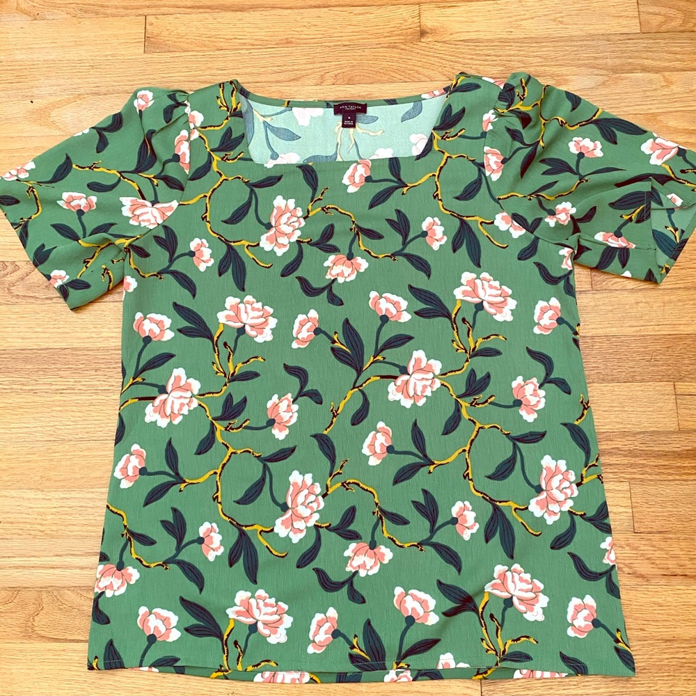Ann Taylor green floral blouse.